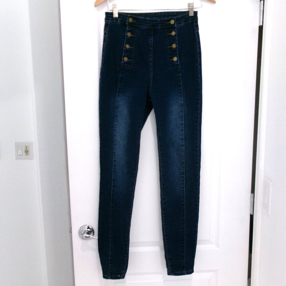 SHEIN Sailor Style High Rise Dark Wash Skinny Jeans 28 Stretch